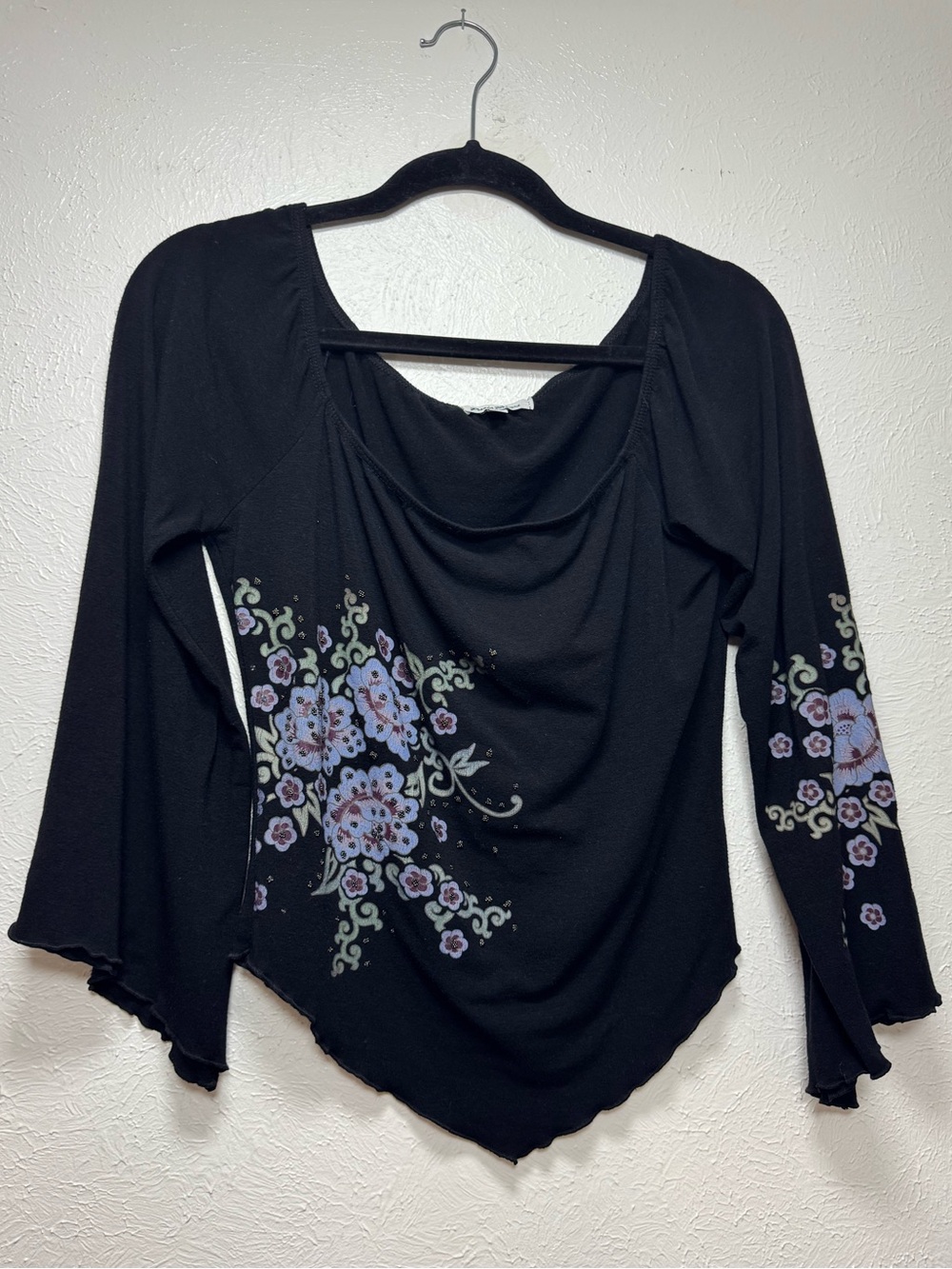 Paris Blues Slinky Wide Sleeve Y2K Floral Beaded Top